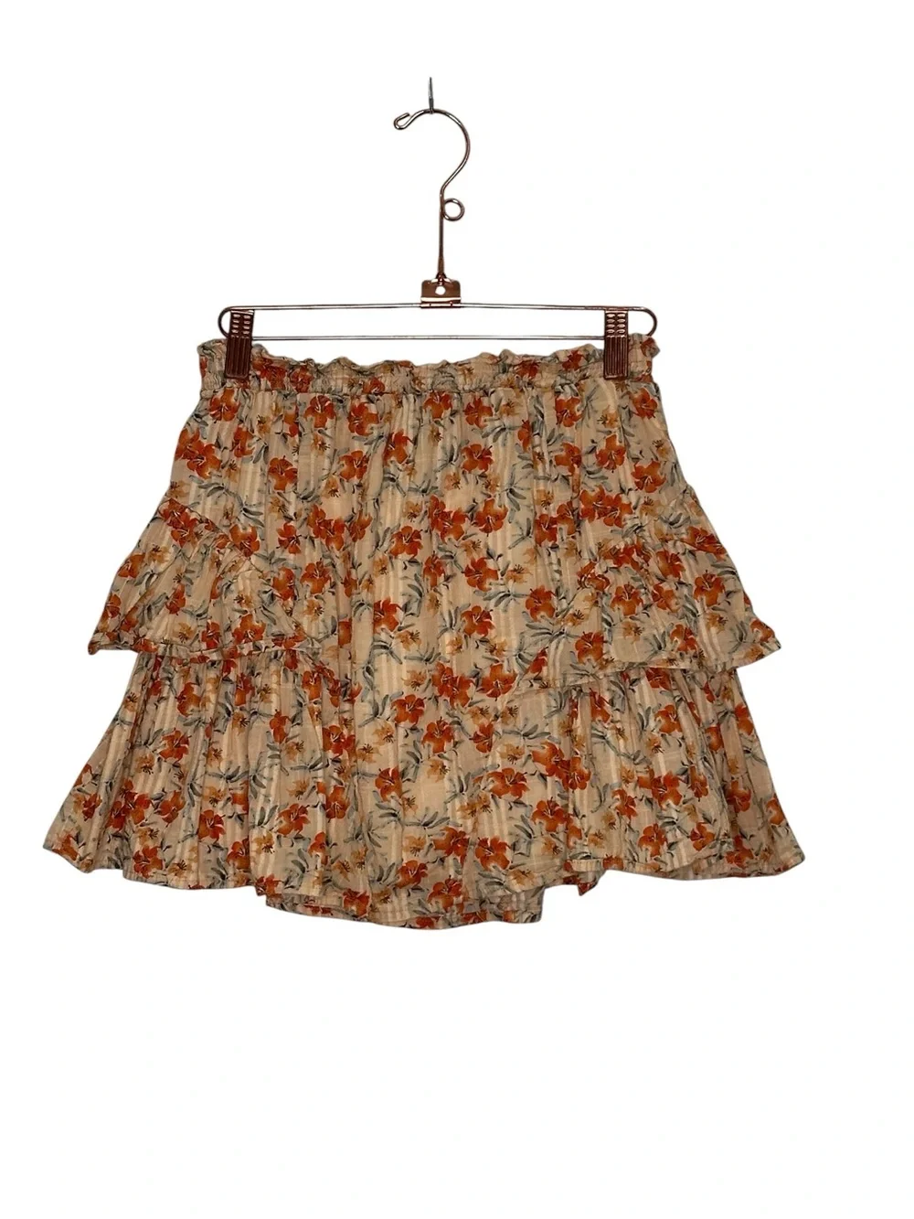 MINKPINK Zahari Floral Tiered Ruffle Mini Skirt in Cream and Rust. Boho S